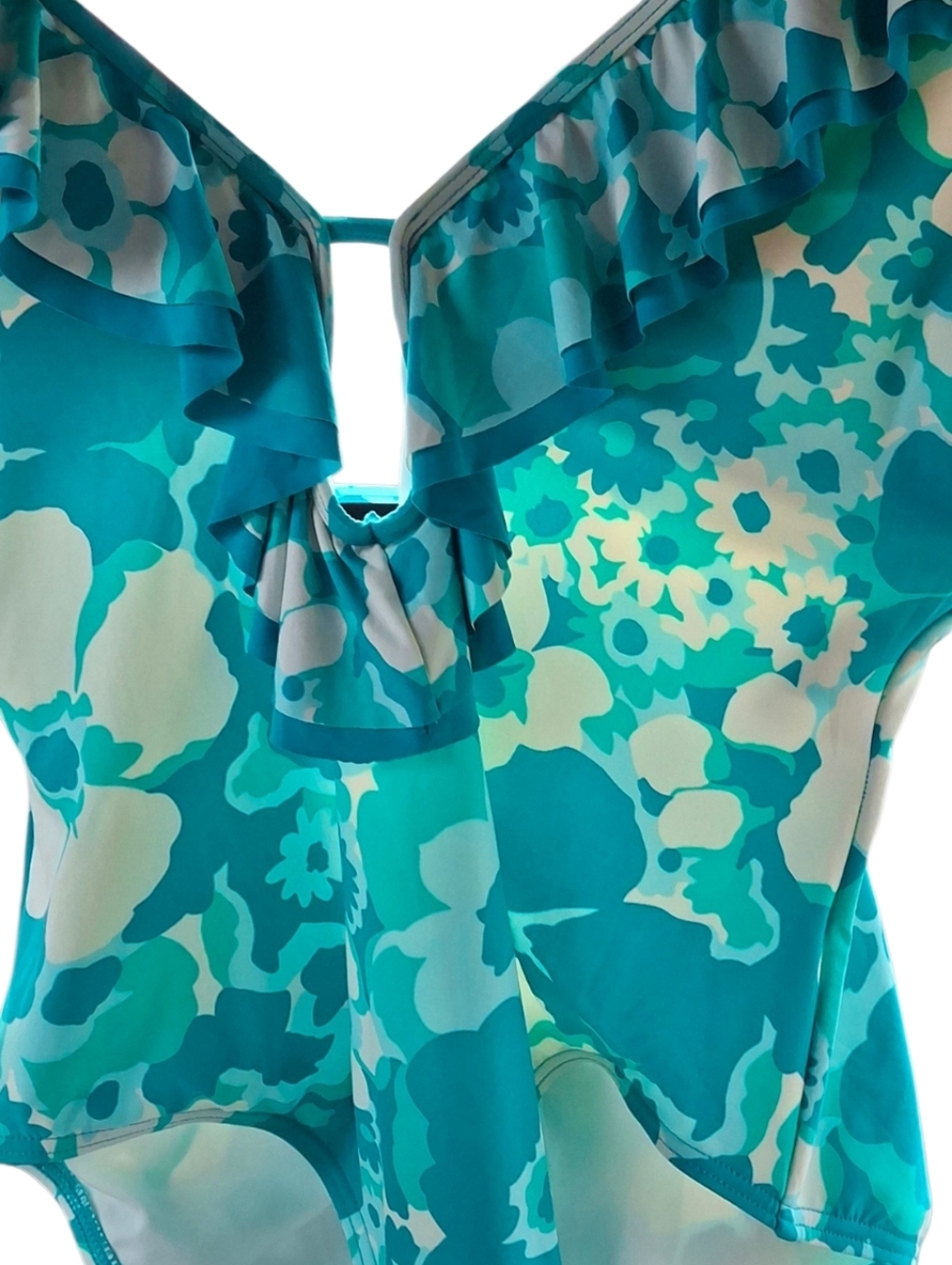 Michael Kors Aqua Blue Floral Plunging Neckline One-Piece Swimsuit Women's Largr - Picture 5 of 5